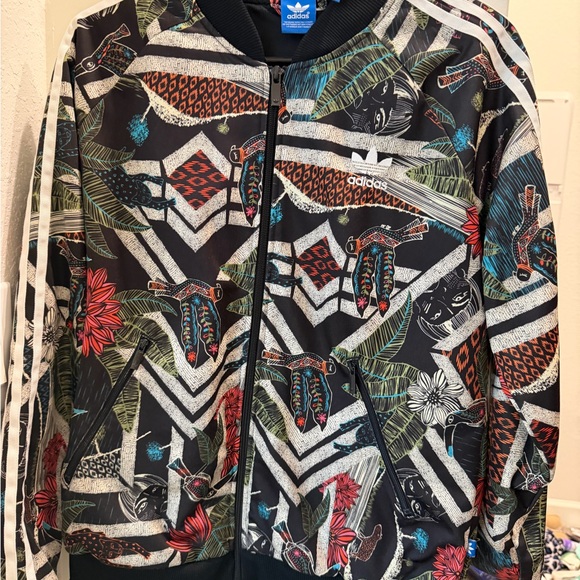 adidas Black Floral & Geometric Print Bomber Jacket - Picture 3 of 8